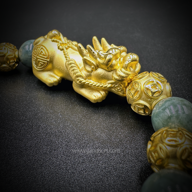 24 Karat Gold XL/L Lucky Pi Yao in New Zealand Mountain Nephrite Jade | Money Balls and Rondelles