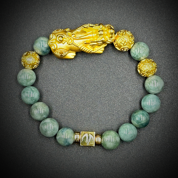 24 Karat Gold XL/L Lucky Pi Yao in New Zealand Mountain Nephrite Jade | Money Balls and Rondelles