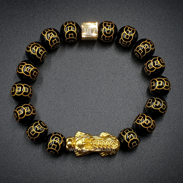 24 Karat Gold Lucky Pi Yao in Black Obsidian | 9 Emperor Coins