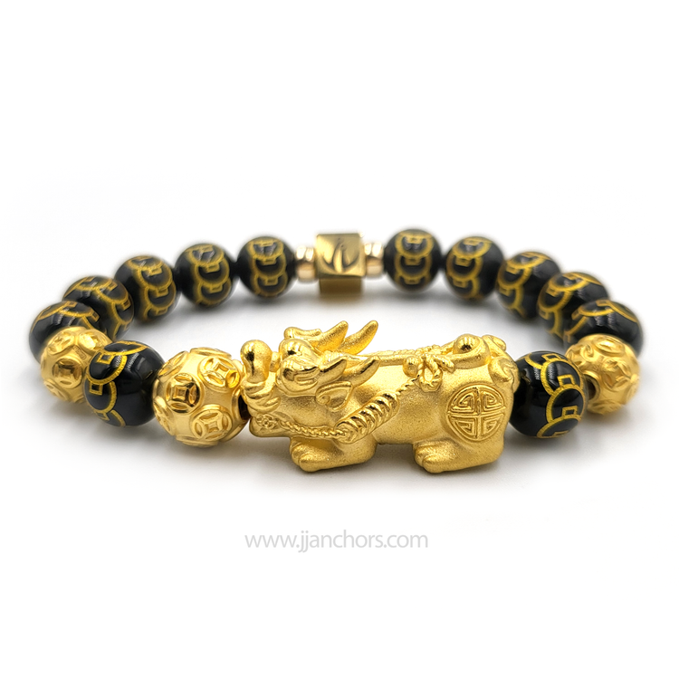 24 Karat Gold XL/L Lucky Pi Yao in Black Obsidian | 9 Emperor Coins | Money Balls and Rondelles