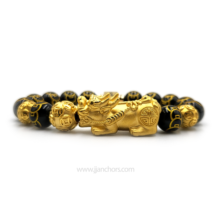 24 Karat Gold XL/L Lucky Pi Yao in Black Obsidian | 9 Emperor Coins | Money Balls and Rondelles