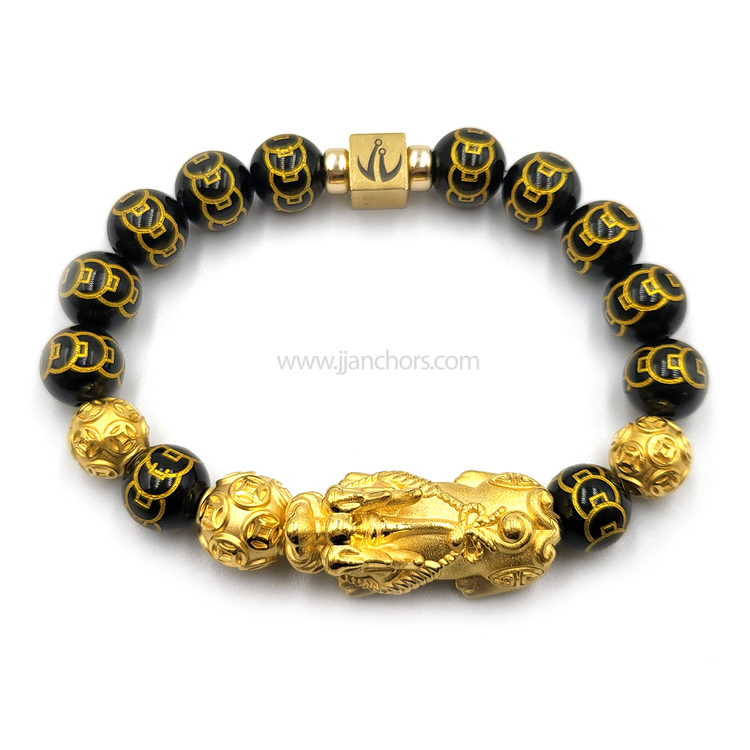 24 Karat Gold XL/L Lucky Pi Yao in Black Obsidian | 9 Emperor Coins | Money Balls and Rondelles