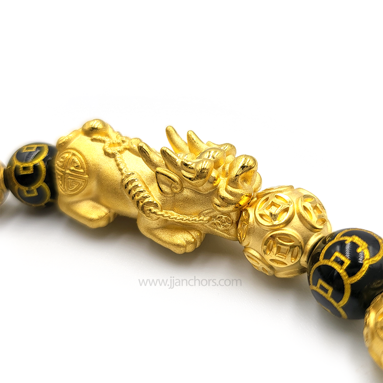 24 Karat Gold XL/L Lucky Pi Yao in Black Obsidian | 9 Emperor Coins | Money Balls and Rondelles