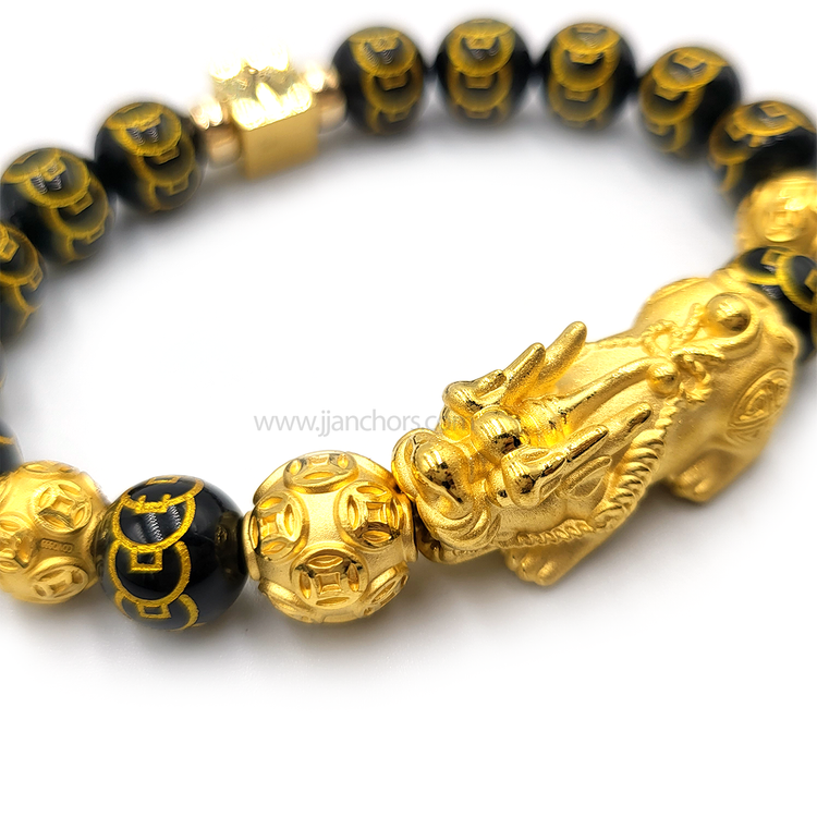 24 Karat Gold XL/L Lucky Pi Yao in Black Obsidian | 9 Emperor Coins | Money Balls and Rondelles