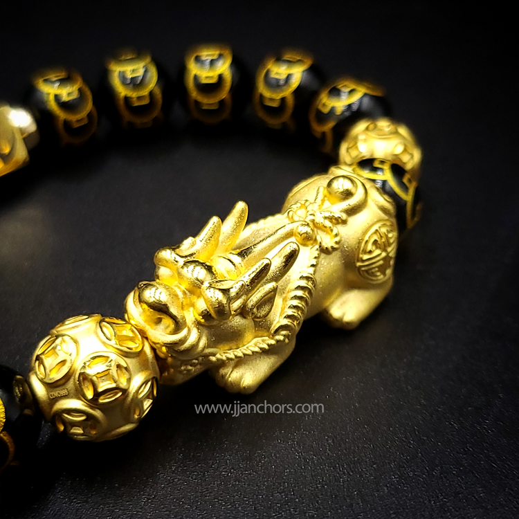 24 Karat Gold XL/L Lucky Pi Yao in Black Obsidian | 9 Emperor Coins | Money Balls and Rondelles