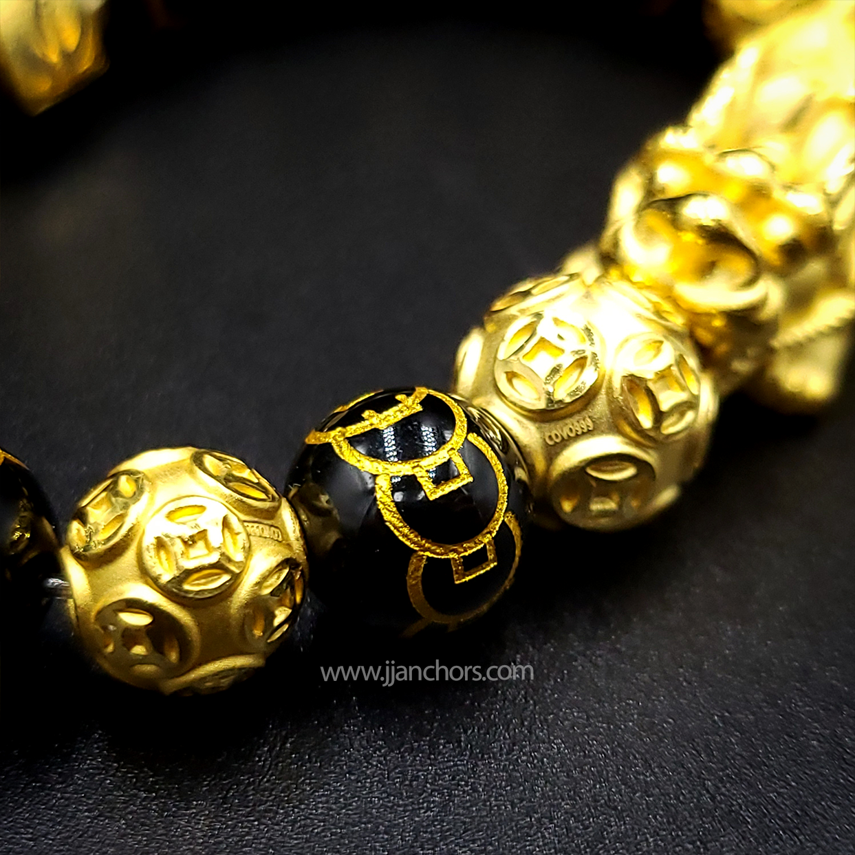 24 Karat Gold XL/L Lucky Pi Yao in Black Obsidian | 9 Emperor Coins | Money Balls and Rondelles
