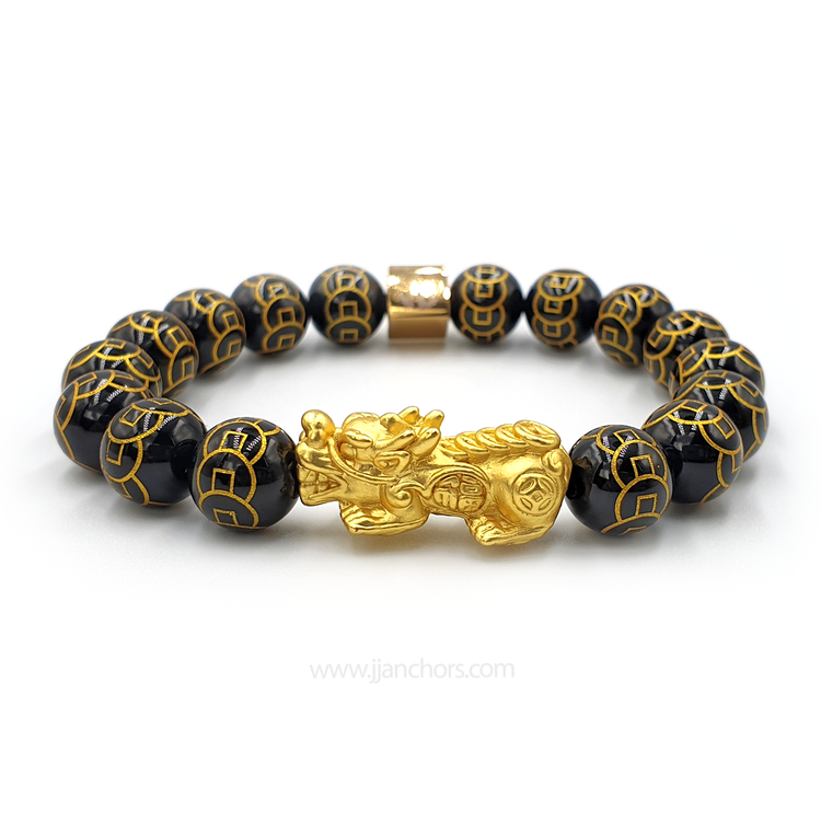 24 Karat Gold Lucky Pi Yao in Black Obsidian | 9 Emperor Coins