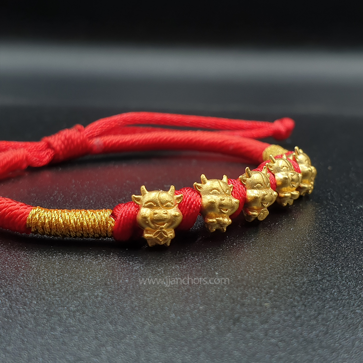 24 karat Five Elemental Lucky Ox Bracelet in Tibetan Lucky Red String