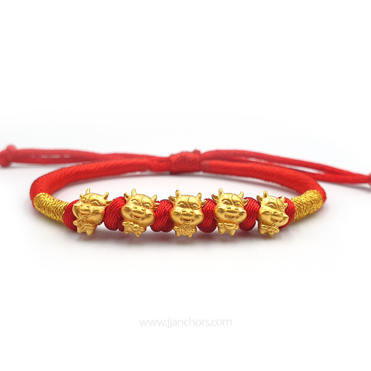 24 karat Five Elemental Lucky Ox Bracelet in Tibetan Lucky Red String