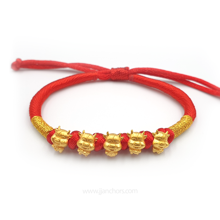 24 karat Five Elemental Lucky Ox Bracelet in Tibetan Lucky Red String