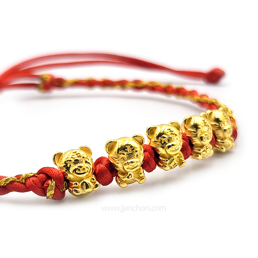 24 karat Five Lucky Tiger Bracelet in Tibetan Lucky Red String