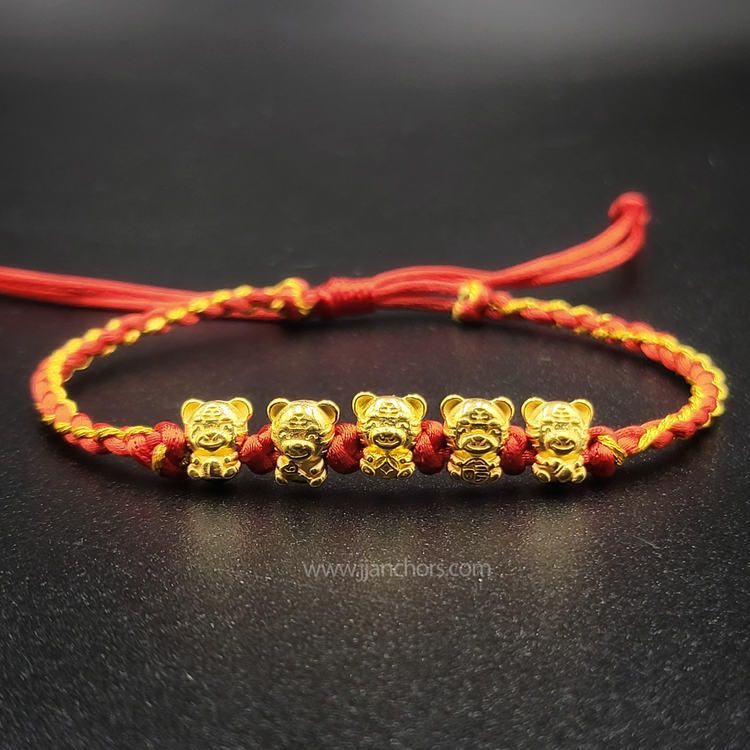 24 karat Five Lucky Tiger Bracelet in Tibetan Lucky Red String