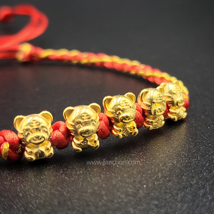 24 karat Five Lucky Tiger Bracelet in Tibetan Lucky Red String