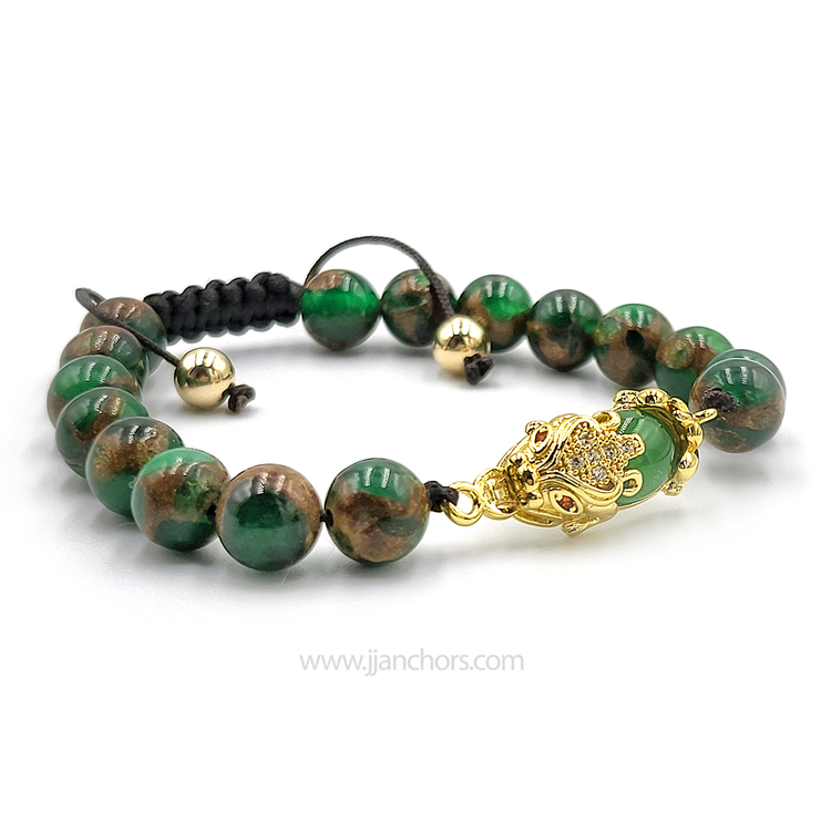 Green Jade Money Catcher PiYao Bracelet with 12K Gold & Muzo Emerald