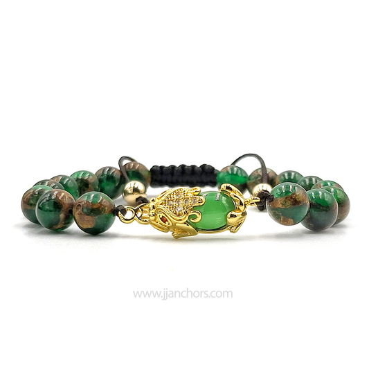 Green Jade Money Catcher PiYao Bracelet with 12K Gold & Muzo Emerald