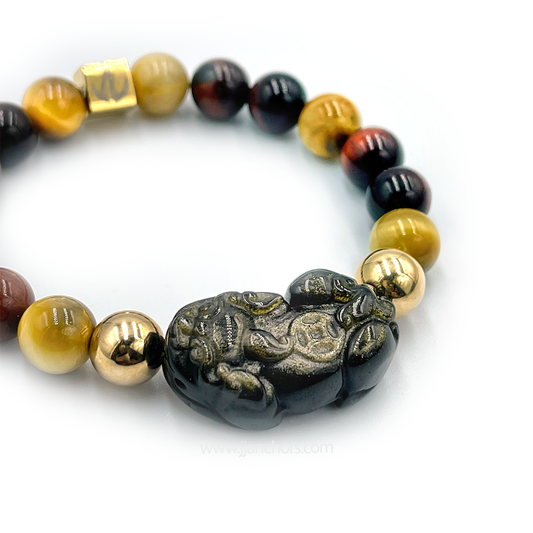 Carved Gold Sheen Obsidian Lucky Piyao | Red & Golden Tiger's Eye | 12K Gold