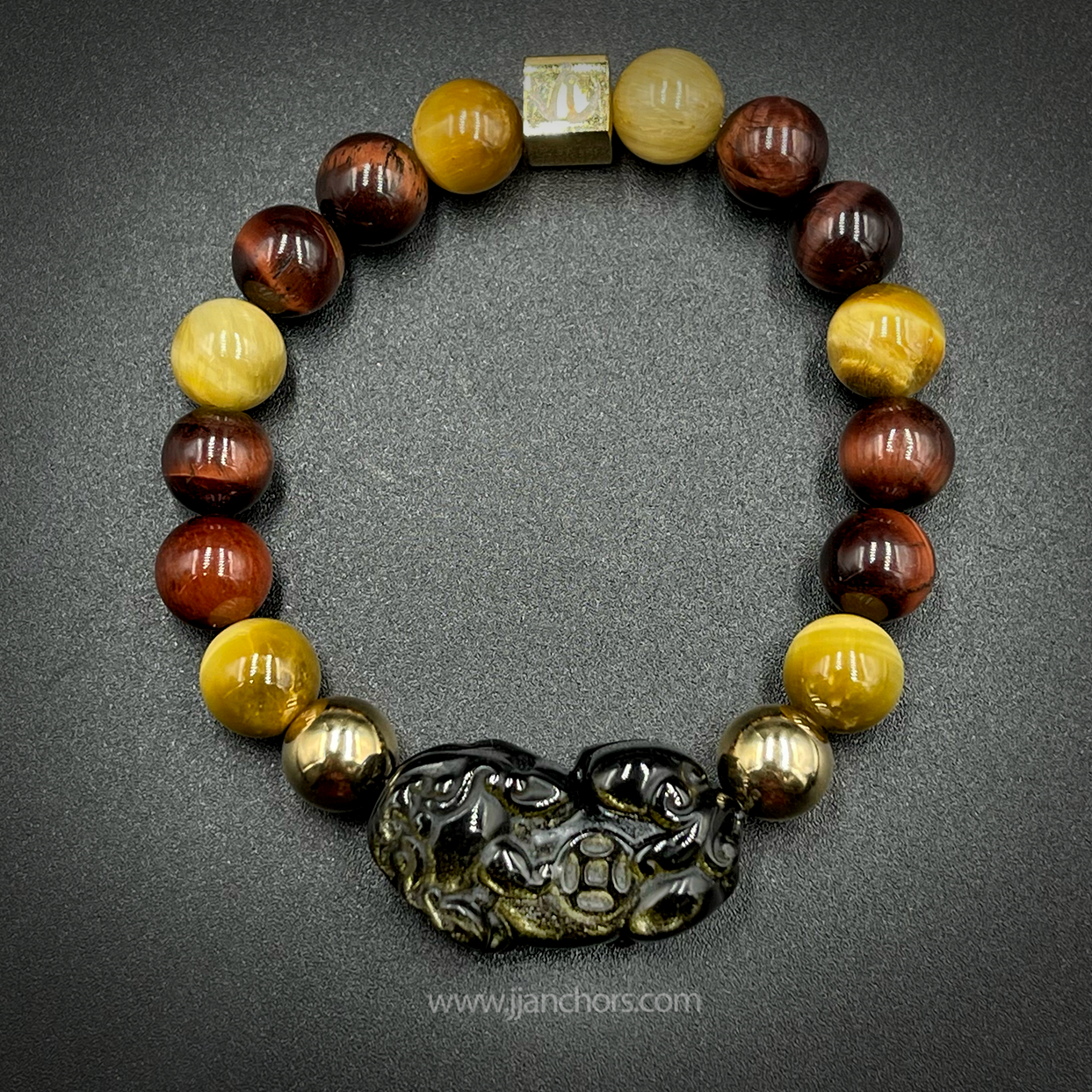 Carved Gold Sheen Obsidian Lucky Piyao | Red & Golden Tiger's Eye | 12K Gold