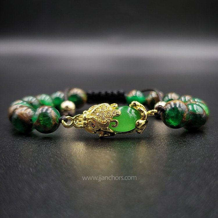 Green Jade Money Catcher PiYao Bracelet with 12K Gold & Muzo Emerald