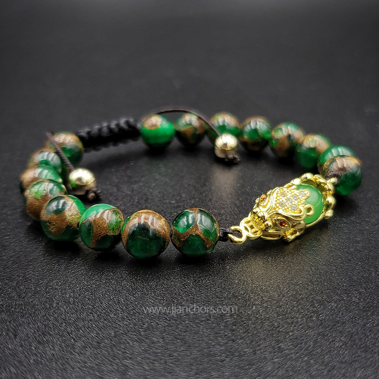 Green Jade Money Catcher PiYao Bracelet with 12K Gold & Muzo Emerald