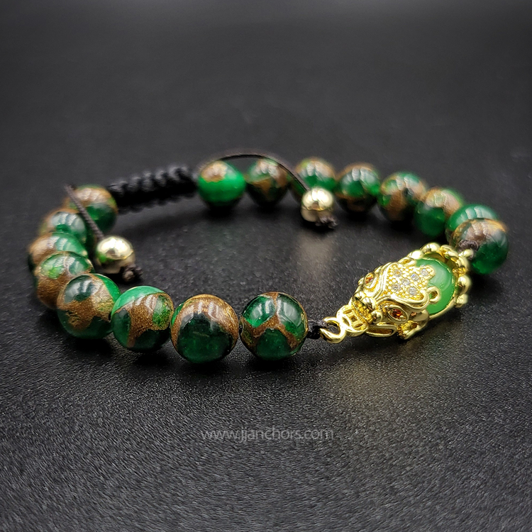 Green Jade Money Catcher PiYao Bracelet with 12K Gold & Muzo Emerald