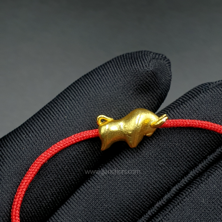 Lucky Ox with Cubic Zirconia in Tibetan Lucky Red String