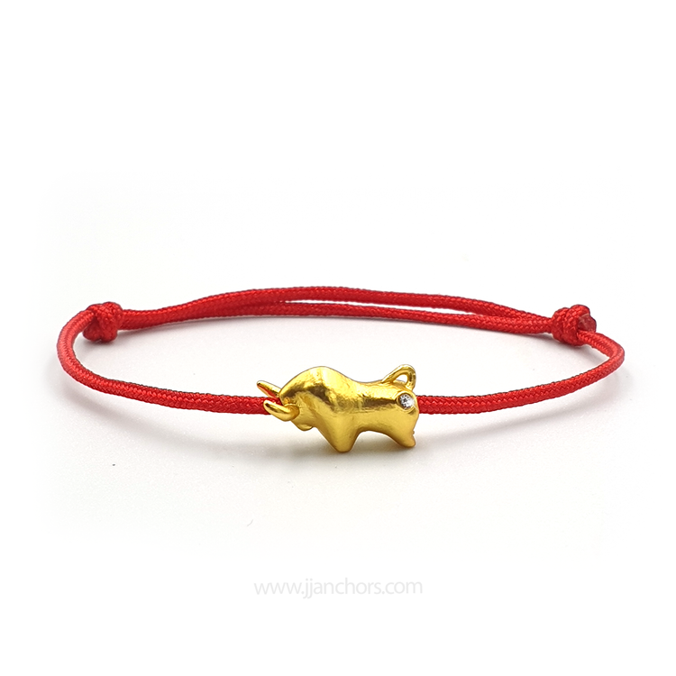 Lucky Ox with Cubic Zirconia in Tibetan Lucky Red String