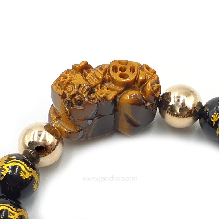 Carved Ancient Pi Yao | Dragon Mantra Black Obsidian | 12K Gold