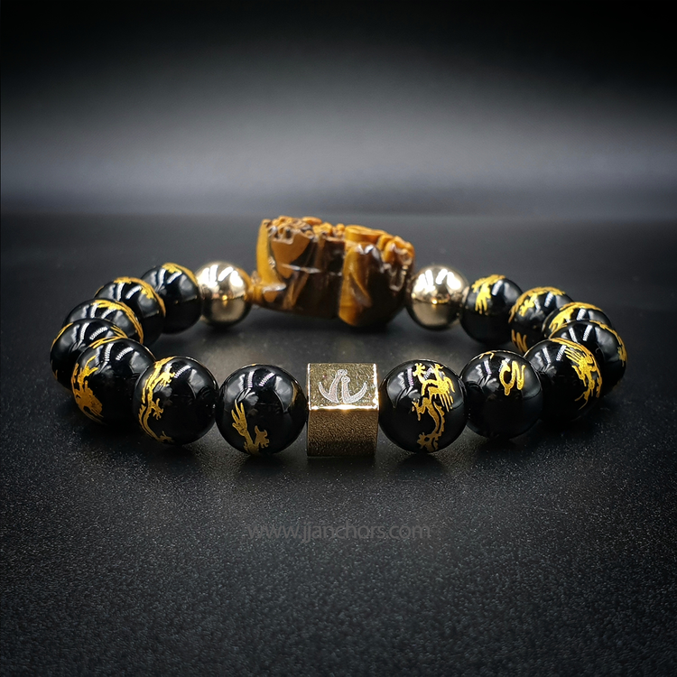 Carved Ancient Pi Yao | Dragon Mantra Black Obsidian | 12K Gold