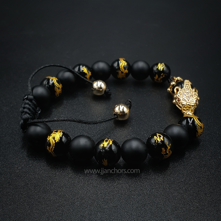 Black Money Catcher PiYao Bracelet with 12K Gold & Dragon Mantra
