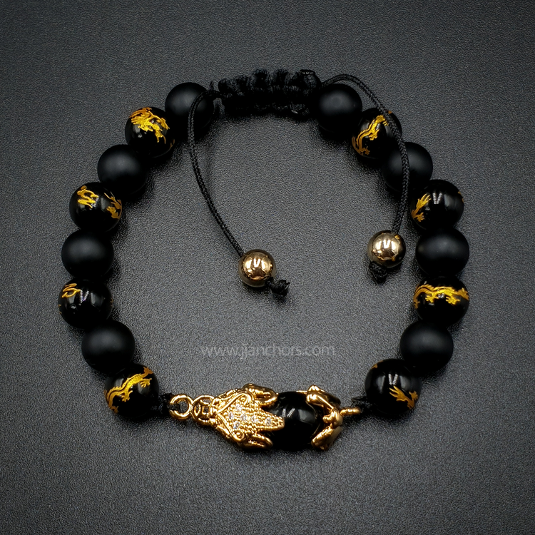 Black Money Catcher PiYao Bracelet with 12K Gold & Dragon Mantra