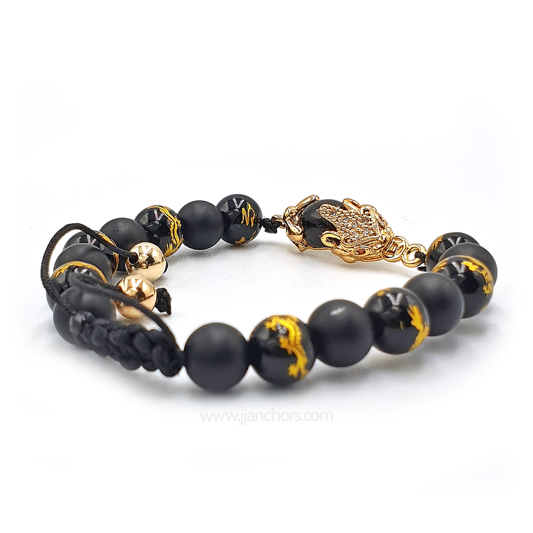 Black Money Catcher PiYao Bracelet with 12K Gold & Dragon Mantra