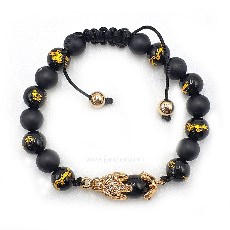 Black Money Catcher PiYao Bracelet with 12K Gold & Dragon Mantra