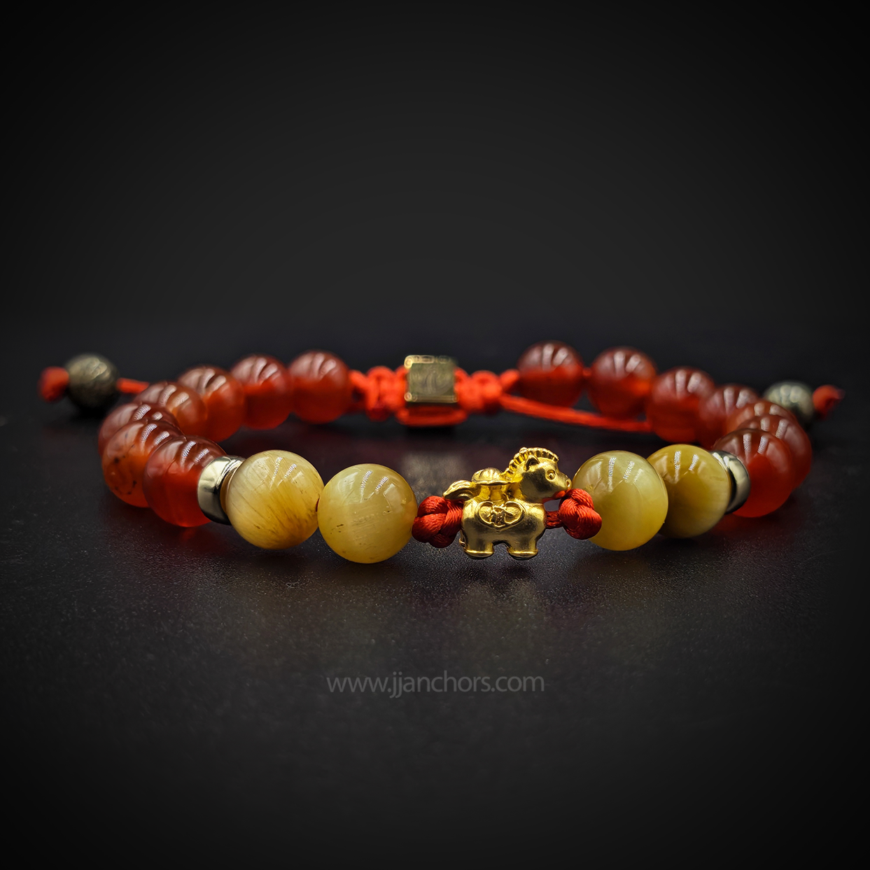 24 karat Lucky Horse Bracelet in Golden Tiger's Eye, Red Agate and Pyrite