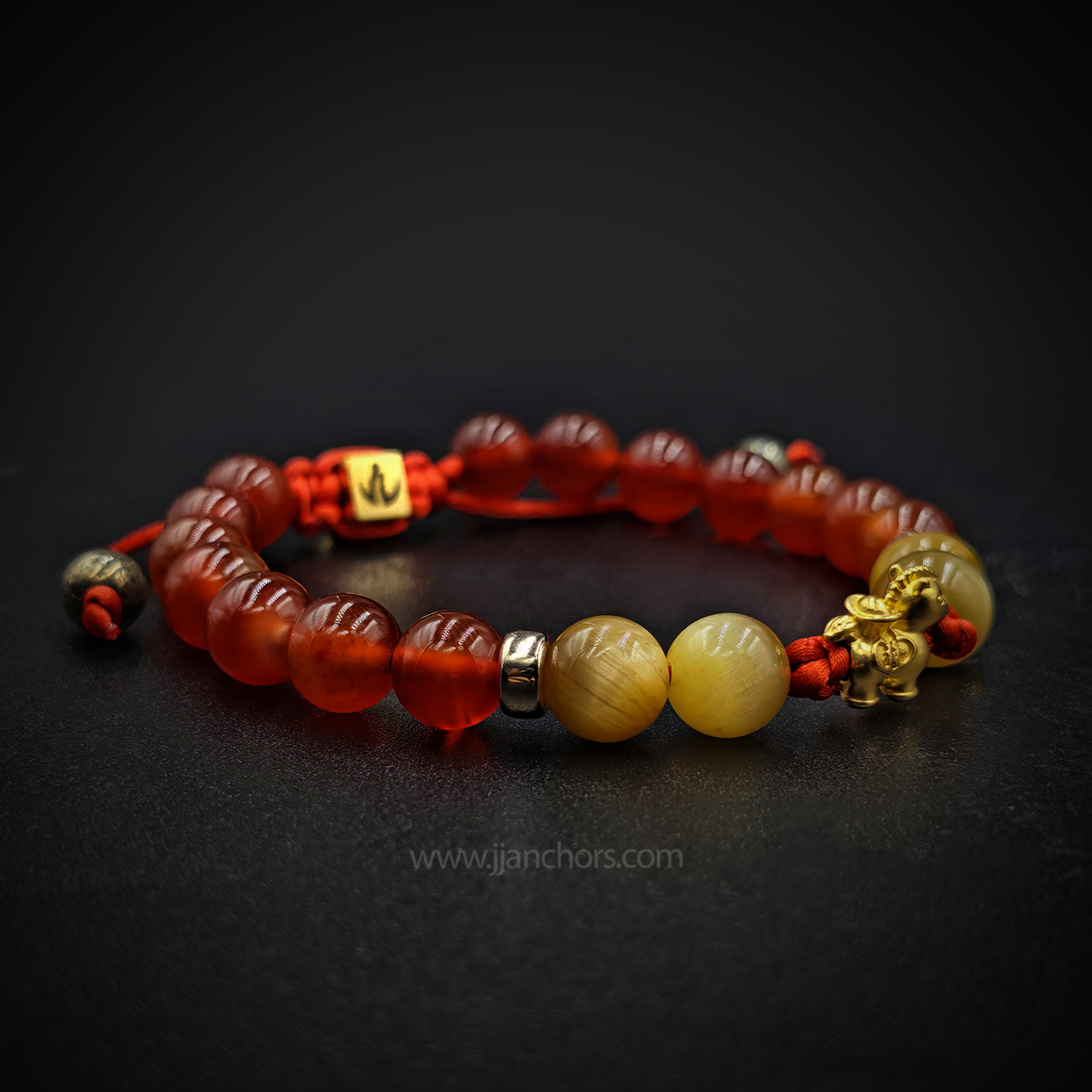 24 karat Lucky Horse Bracelet in Golden Tiger's Eye, Red Agate and Pyrite