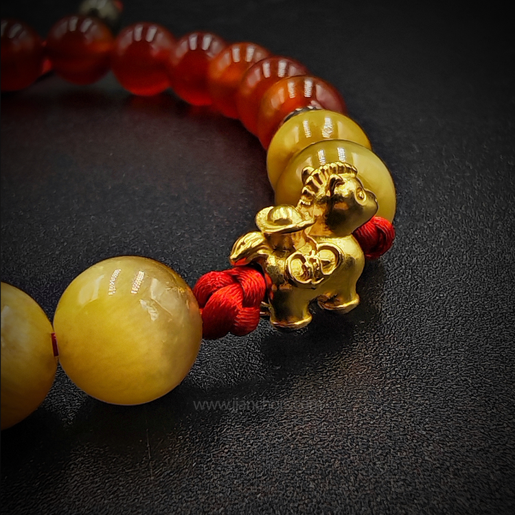 24 karat Lucky Horse Bracelet in Golden Tiger's Eye, Red Agate and Pyrite