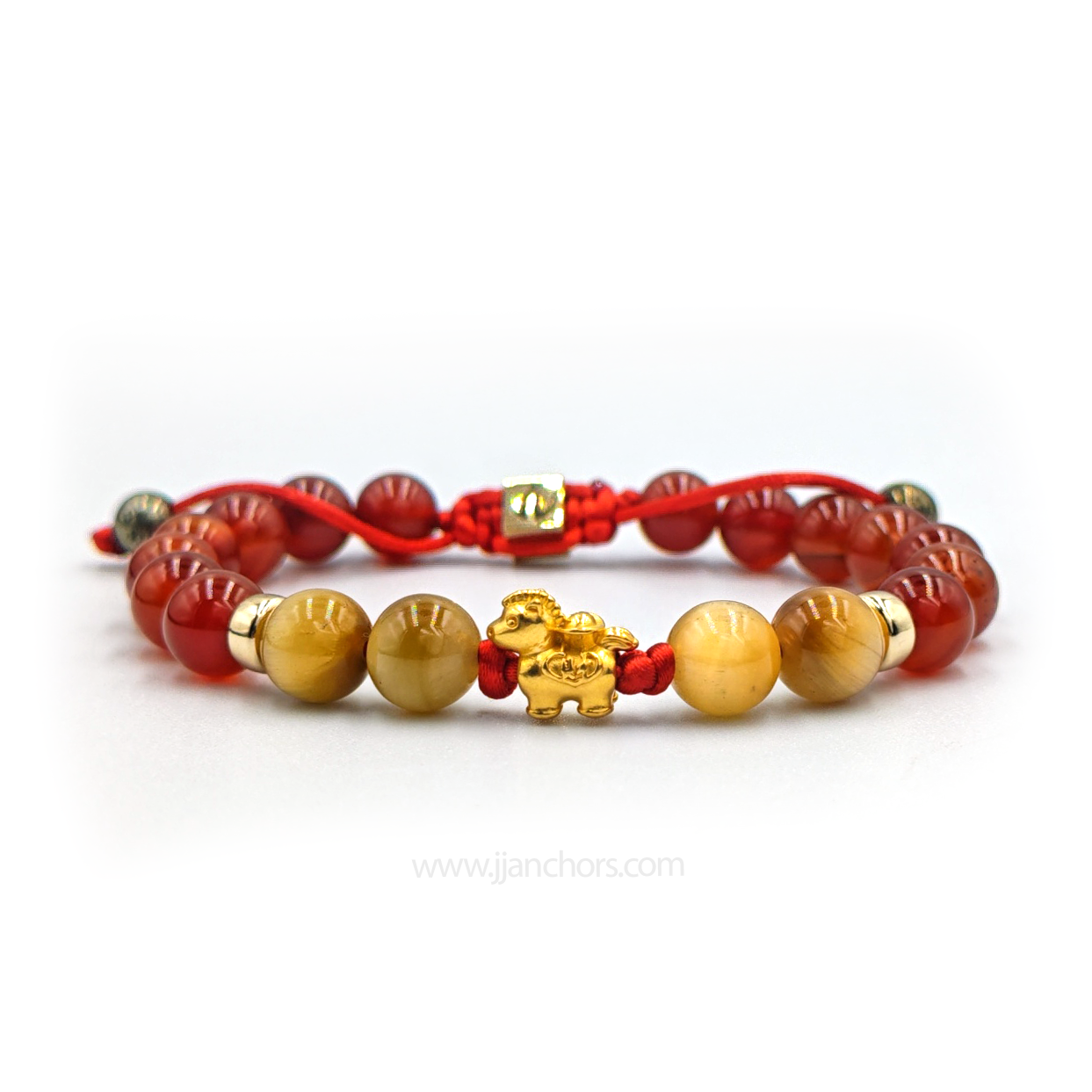 24 karat Lucky Horse Bracelet in Golden Tiger's Eye, Red Agate and Pyrite