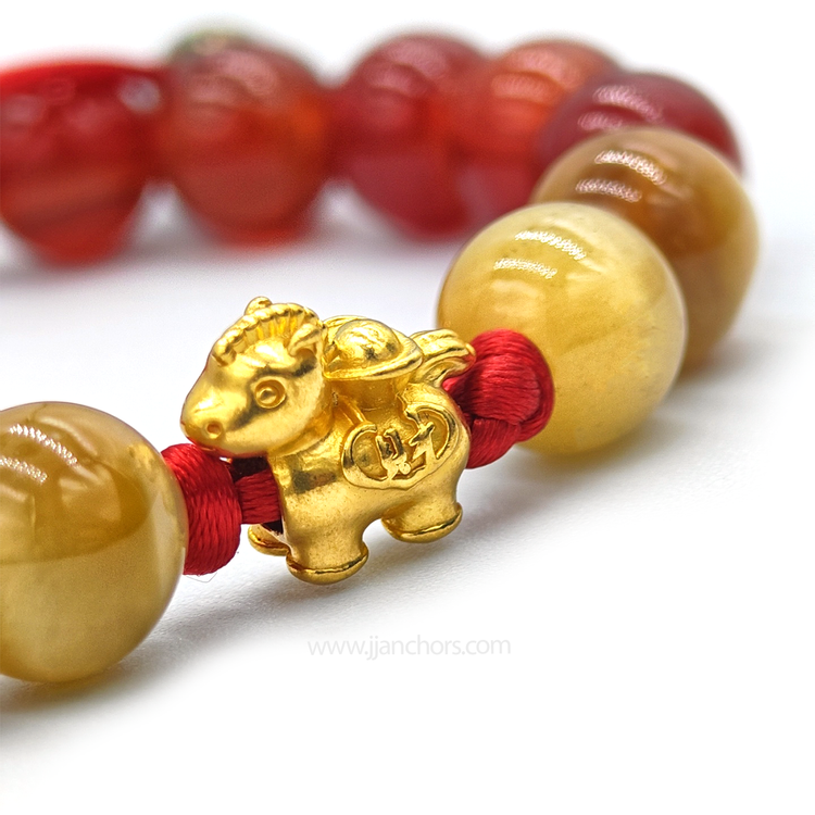 24 karat Lucky Horse Bracelet in Golden Tiger's Eye, Red Agate and Pyrite