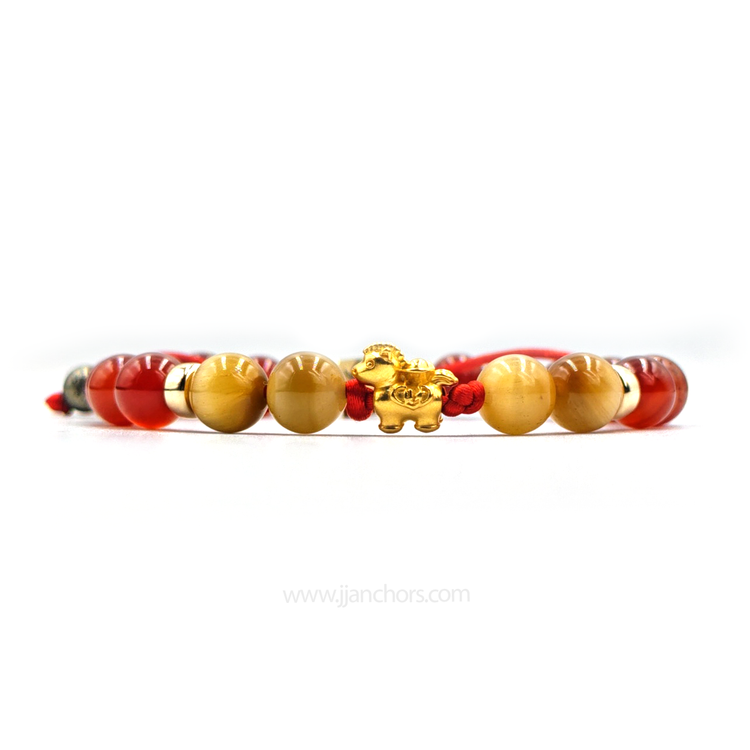24 karat Lucky Horse Bracelet in Golden Tiger's Eye, Red Agate and Pyrite