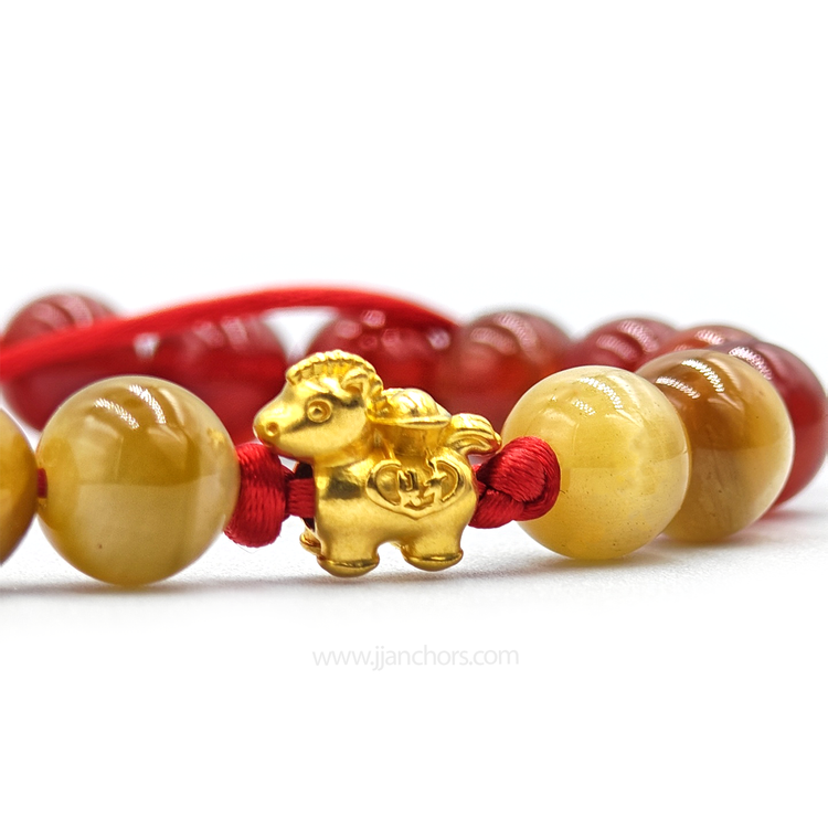 24 karat Lucky Horse Bracelet in Golden Tiger's Eye, Red Agate and Pyrite
