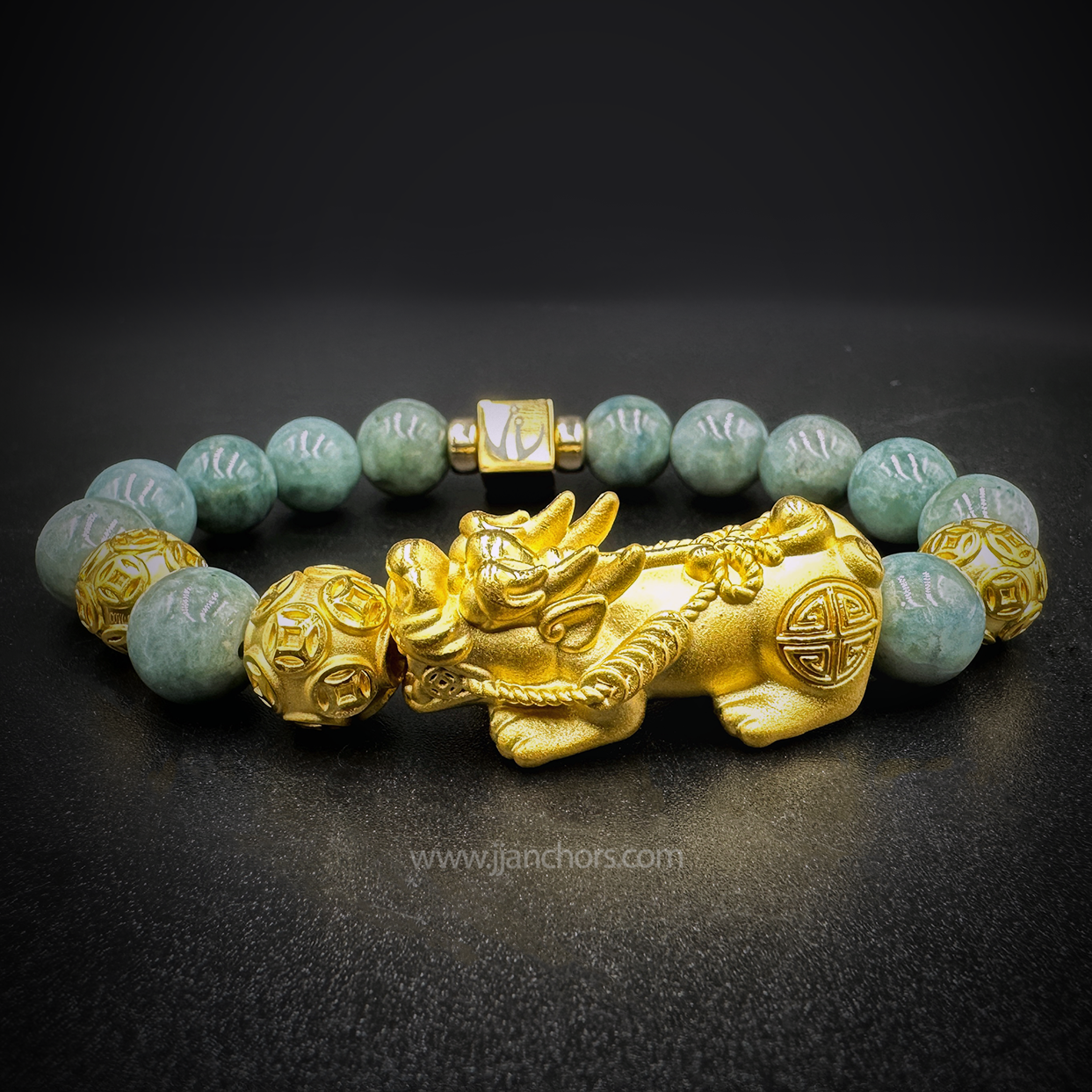 24 Karat Gold XL/L Lucky Pi Yao in New Zealand Mountain Nephrite Jade | Money Balls and Rondelles