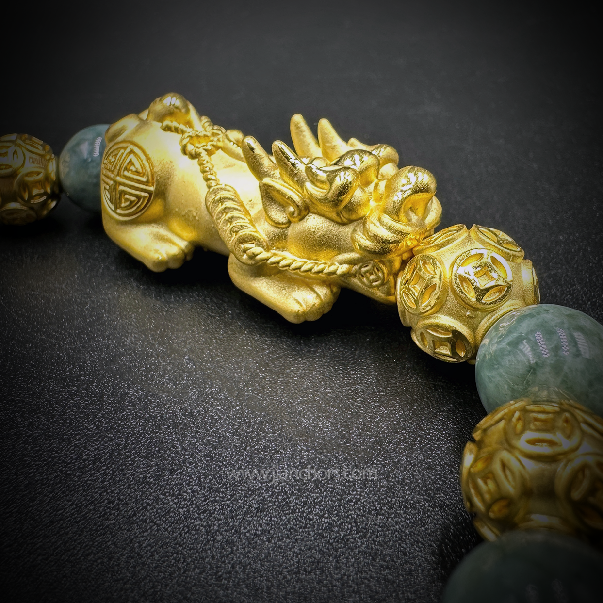 24 Karat Gold XL/L Lucky Pi Yao in New Zealand Mountain Nephrite Jade | Money Balls and Rondelles