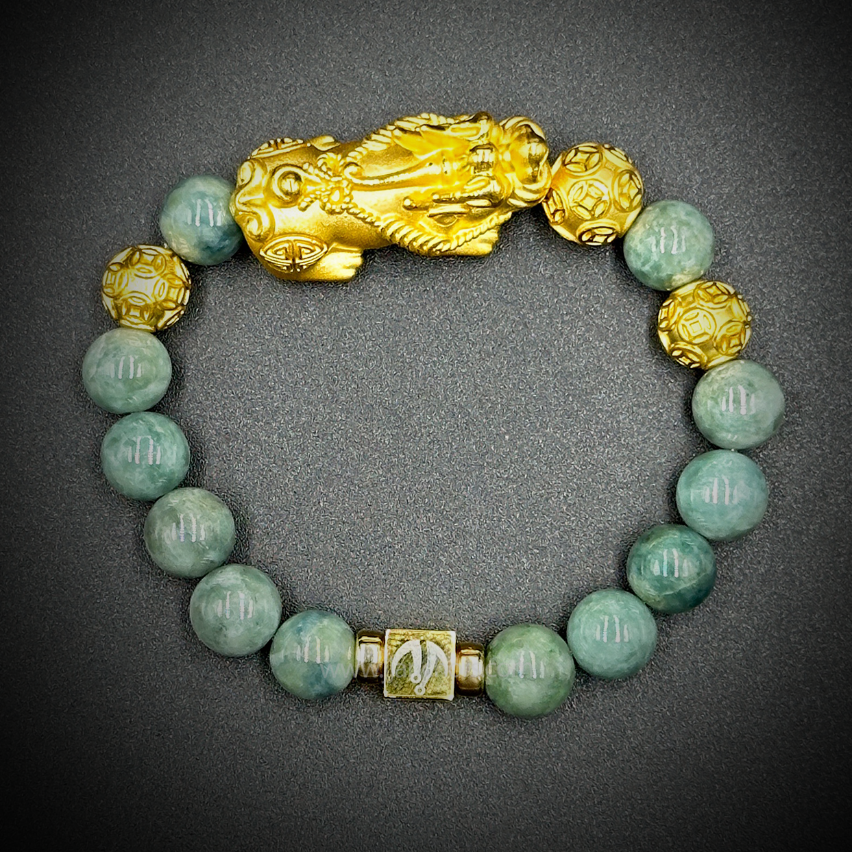 24 Karat Gold XL/L Lucky Pi Yao in New Zealand Mountain Nephrite Jade | Money Balls and Rondelles