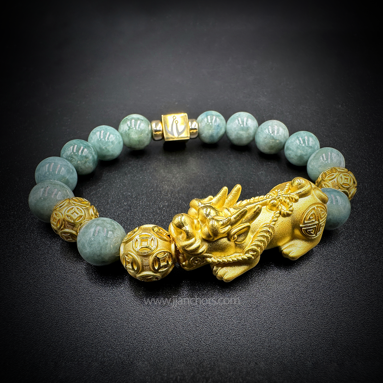 24 Karat Gold XL/L Lucky Pi Yao in New Zealand Mountain Nephrite Jade | Money Balls and Rondelles