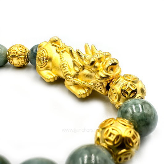 24 Karat Gold XL/L Lucky Pi Yao in New Zealand Mountain Nephrite Jade | Money Balls and Rondelles