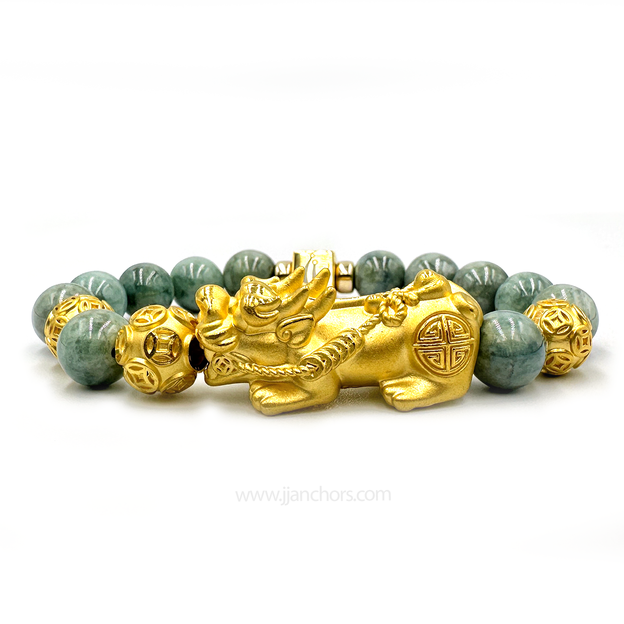 24 Karat Gold XL/L Lucky Pi Yao in New Zealand Mountain Nephrite Jade | Money Balls and Rondelles