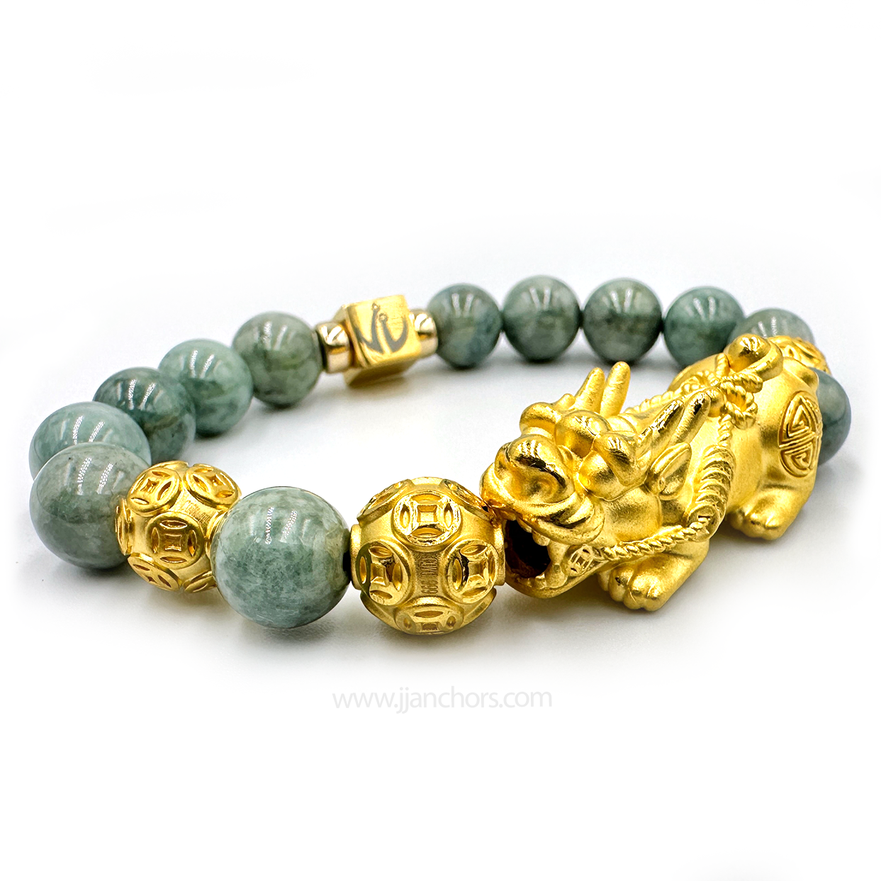 24 Karat Gold XL/L Lucky Pi Yao in New Zealand Mountain Nephrite Jade | Money Balls and Rondelles