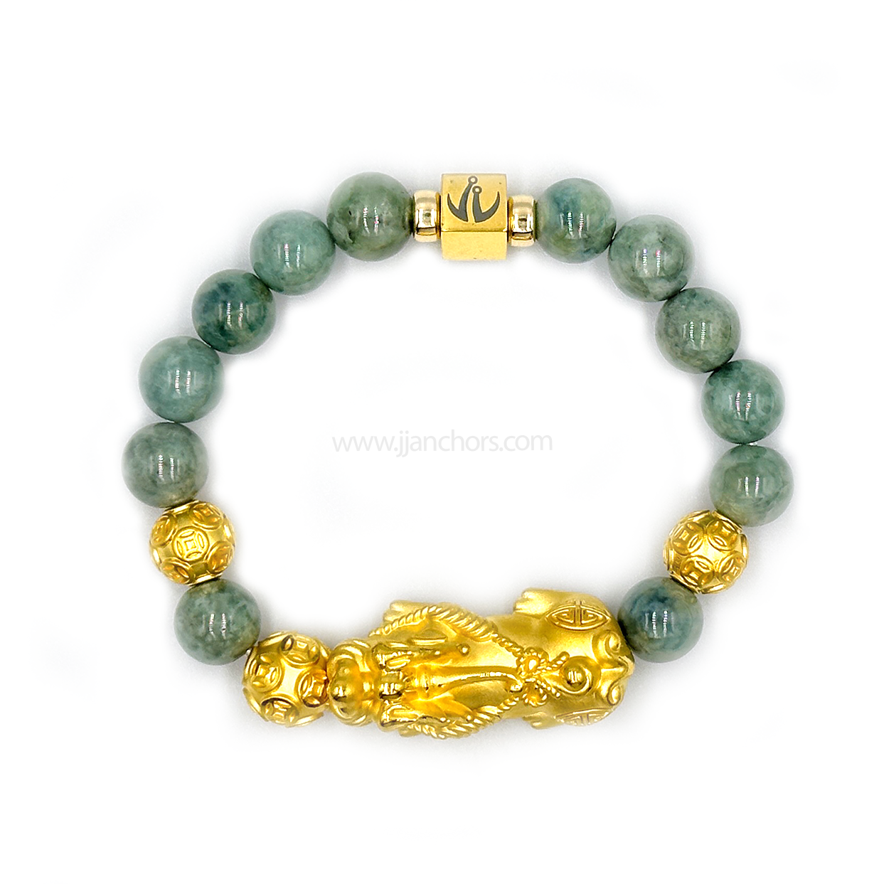 24 Karat Gold XL/L Lucky Pi Yao in New Zealand Mountain Nephrite Jade | Money Balls and Rondelles