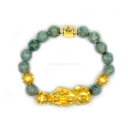 24 Karat Gold XL/L Lucky Pi Yao in New Zealand Mountain Nephrite Jade | Money Balls and Rondelles