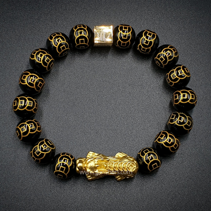 24 Karat Gold Lucky Pi Yao in Black Obsidian | 9 Emperor Coins
