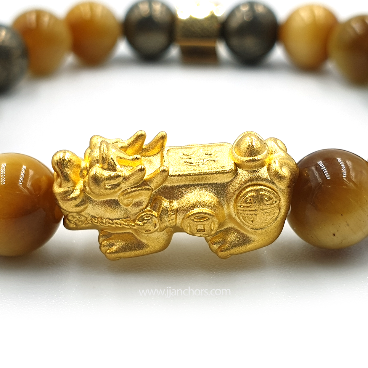 24 Karat Gold  Lucky Pi Yao Golden Tiger's Eye, Pyrite and 14K Gold-filled Rondelles